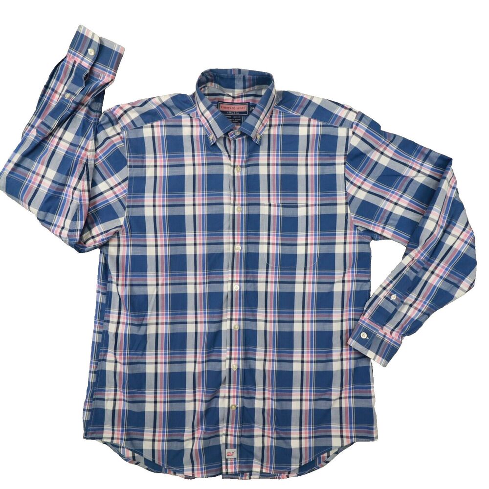 Vineyard Vines Button Up Murray Shirt Men's Medium Blue Plaid Preppy Coastal